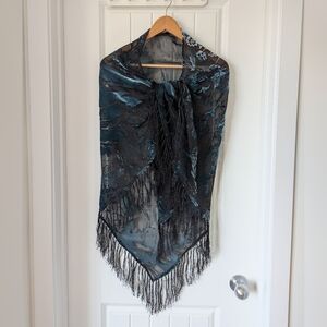 Elegant Black and Teal Floral Velvet Burnout Triangle Scarf With  Fringe